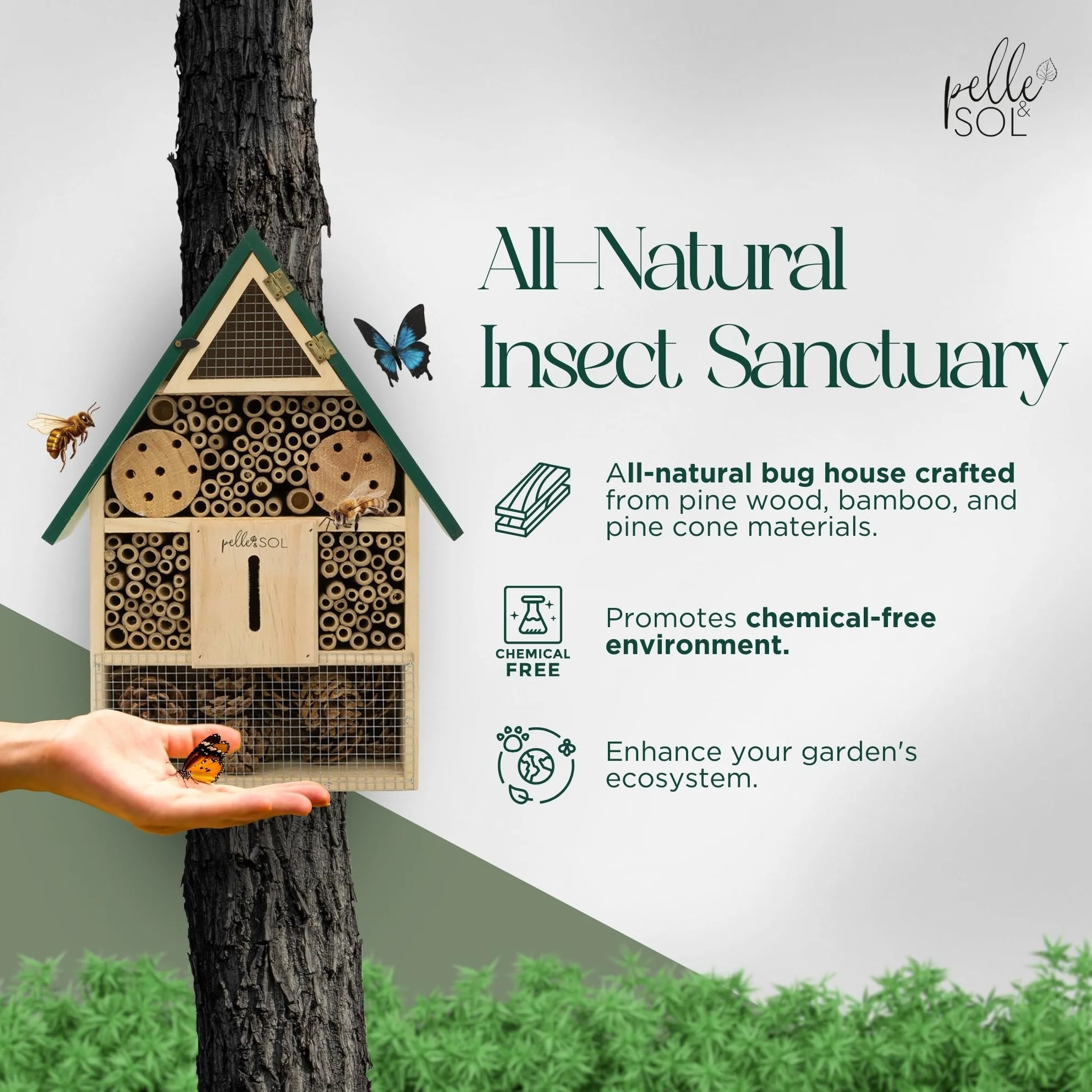 Pelle & Sol Umweltfreundliches Bienenhaus, Insektenhotel für Bienen, Schmetterling, Insekten, kinderfreundlich, wetterbeständig, hängendes Bienenhotel, Bambus-Nisthaus, Gartendekoration und