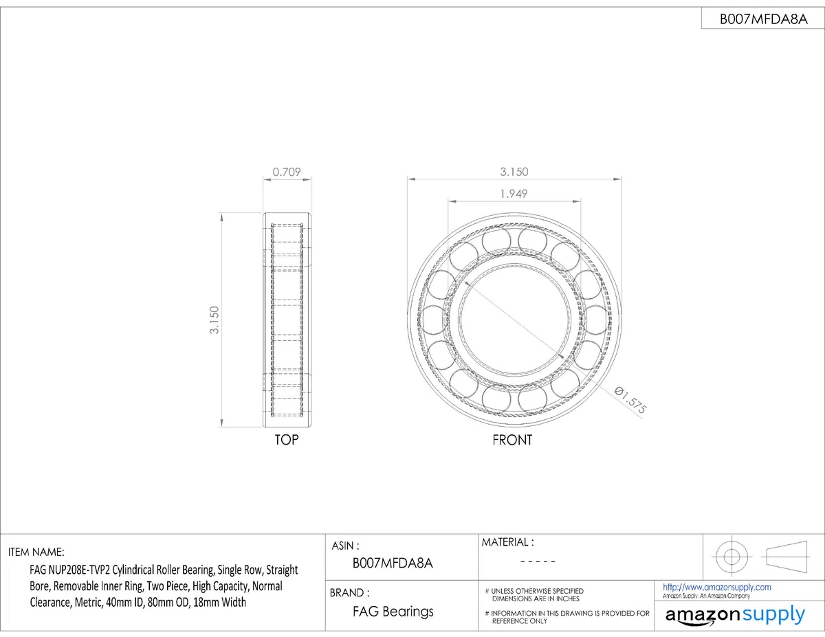 FAG NUP208E-TVP2 Zylinderrollenlager, einreihig, gerade Bohrung, abnehmbarer Innenring, zweiteilig, hohe Kapazität, normaler Abstand, metrisch, 40 mm Innendurchmesser, 80 mm Außendurchmesser, 18 mm Breite