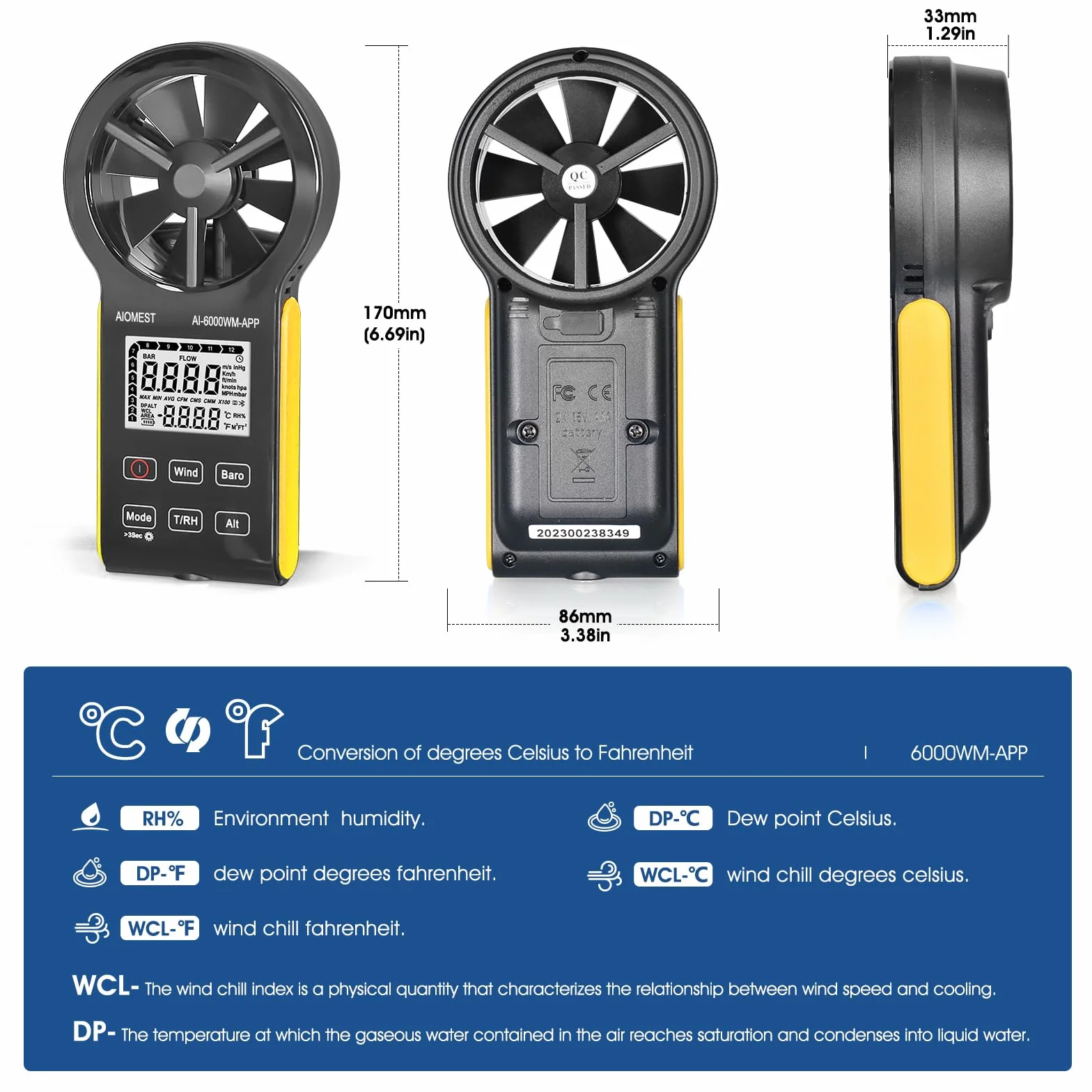 AIOMEST 6000WM-APP Digitaler Anemometer Handheld Windmesser Windmessgerät CFM Wind Speed Meter mit MAX/MIN/AVG für Windgeschwindigkeit Temperatur Wind Chill Tester, HVAC