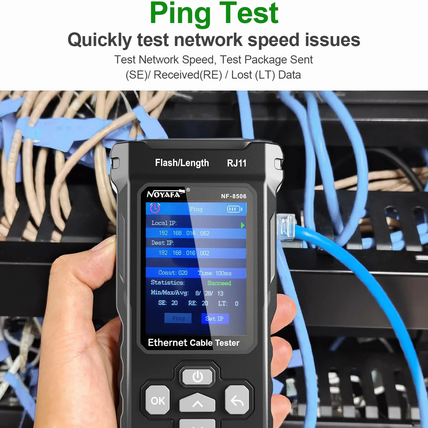 NOYAFA Netzwerktester mit IP-Scanning, PING- und Switch-Rate-Test, TDR Netzwerkkabel Tester, RJ11 RJ45 Tester, Ethernet-Kabeltester für Cat5/Cat6 POE-Tests, Wire Tracer Mapping, NF-8506