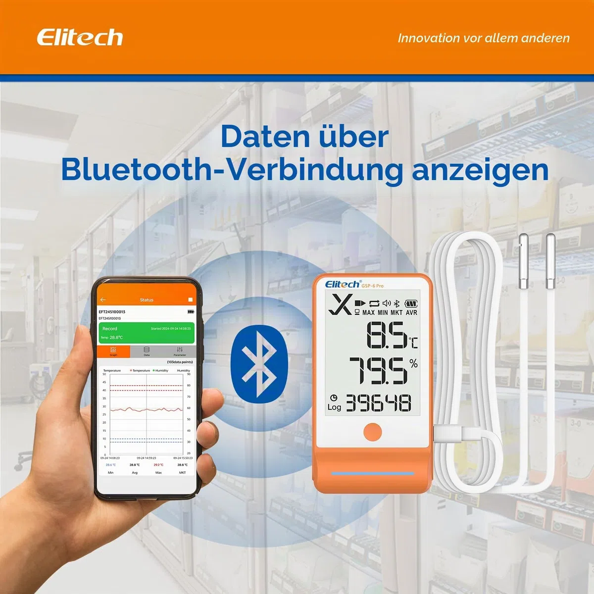 Elitech GSP-6 Pro-TE+THE Temperatur Datenlogger,Temperatur- und Luftfeuchtigkeits-Datenlogger, Große Speicherkapazität, Externer Sensor, Alarmfunktion, Kostenlose Datenexport-Software