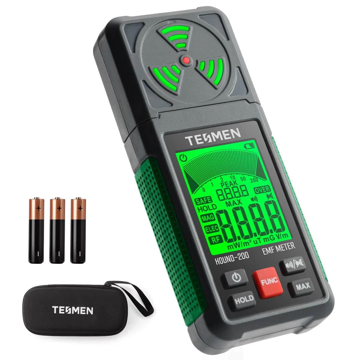 TESMEN HOUND-200 EMF-Messgerät, 3-in-1 tragbarer Elektromagnetfeldstrahlungsdetektor für EF RF MF, WiFi-Signal, zur Verwendung bei EMF-Inspektionen zu Hause und im Freien sowie Geisterjagd - Grün