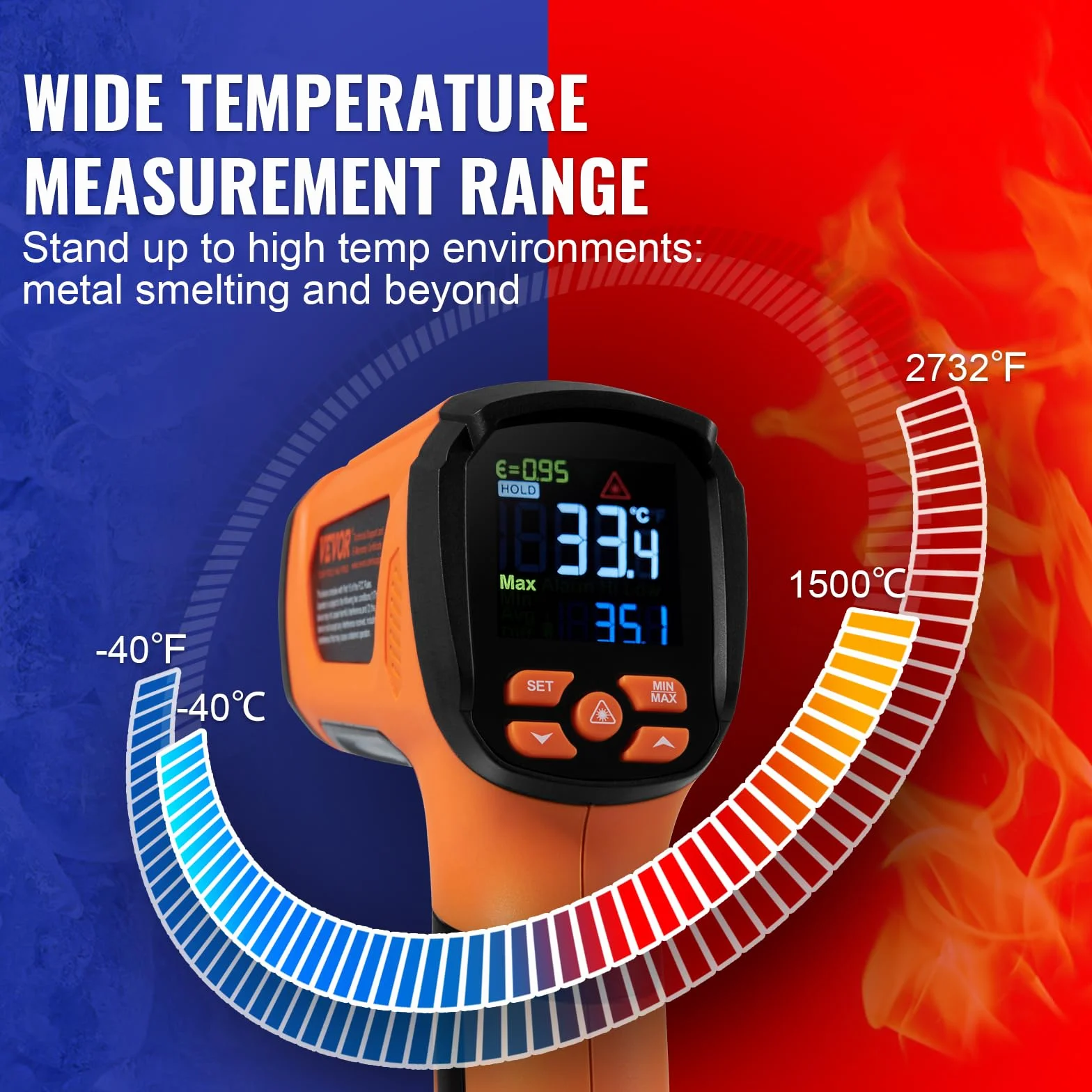 VEVOR Infrarot Thermometer IR 50:1 Pyrometer -40°C bis 1500°C Laser Temperaturmesser 180x120x60mm Temperaturmessgerät Nicht Menschliches Körperthermometer für Kochen/Barbecue/Gefrierschrank/Industrie