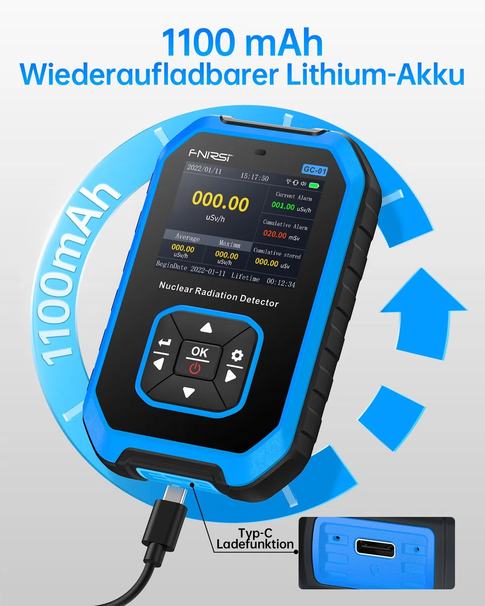 FNIRSI GC-01 Geigerzähler Nuklearstrahlungsdetektor - Nukleare Strahlungsdosimeter mit LCD-Anzeige, Beta Gamma Röntgen Wiederaufladbare Radioaktiver Monitor Tester, 5 Umschaltbare Dosierungseinheiten