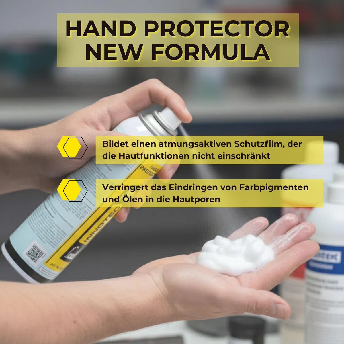 2 Stück Innotec Hand Protector New Formula 150 ml – Schutzspray gegen stark schmutzende Substanzen wie Lack, Öl, Fett, Spachtel, Dichtmasse, Kleber und PU-Schaum – ideal für Werkstatt und Industrie