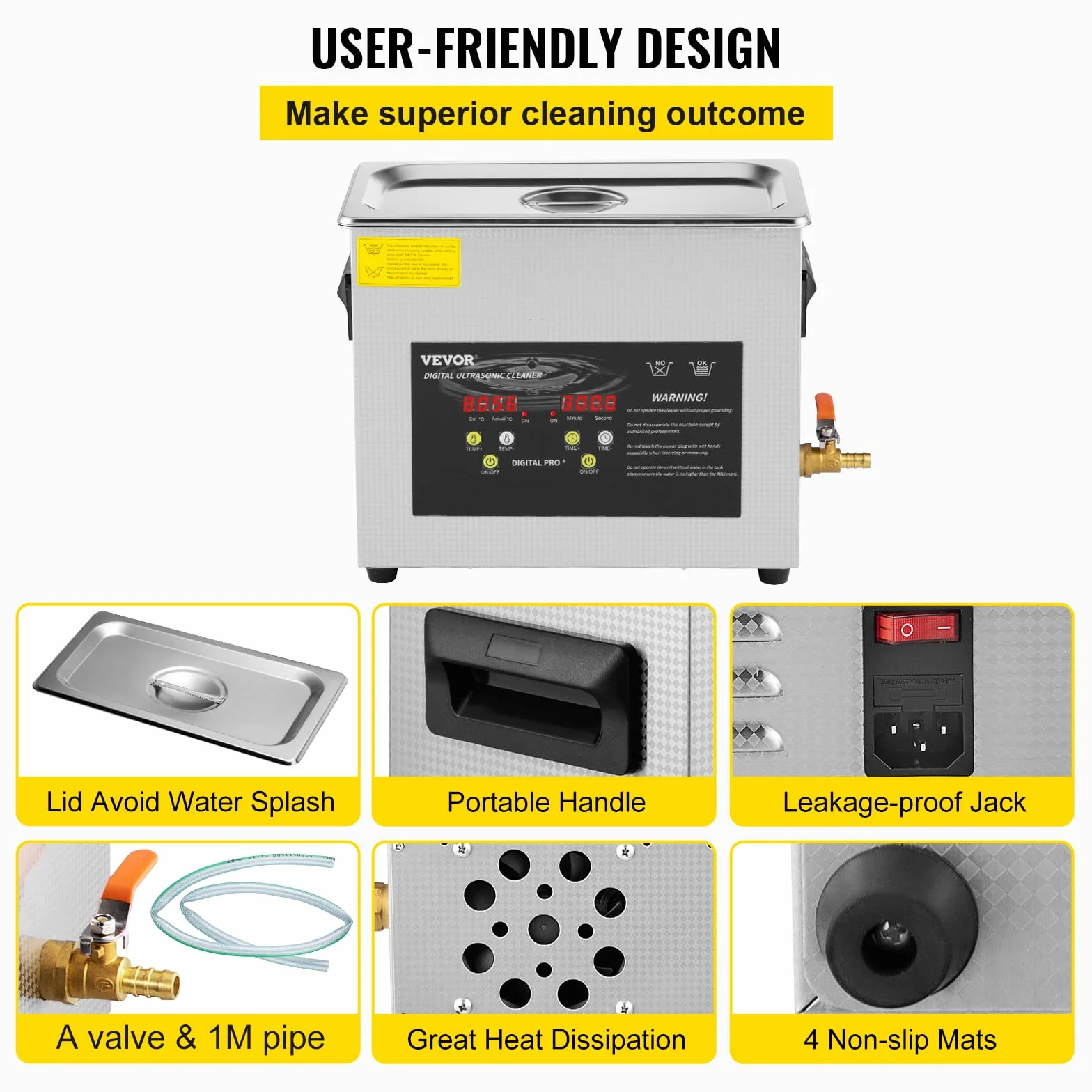 VEVOR 6L Verbesserter Ultraschallreiniger (200 W Heizung, 180 W Ultraschall) Professioneller digitaler Labor-Ultraschall-Teilereiniger mit Heizungstimer für die Reinigung von Schmuck, Brillen