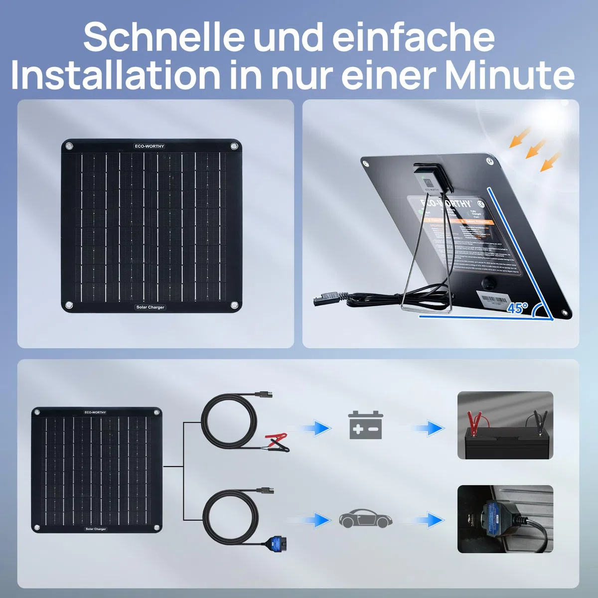 ECO-WORTHY 10W Aktualisiert Solar Autobatterie Ladegerät 12V, Monokristalline Solarmodul Erhaltungsladung, Solar Trickle Charger mit Halterung und Kabeln für Wohnwagen Auto Boot Motorrad