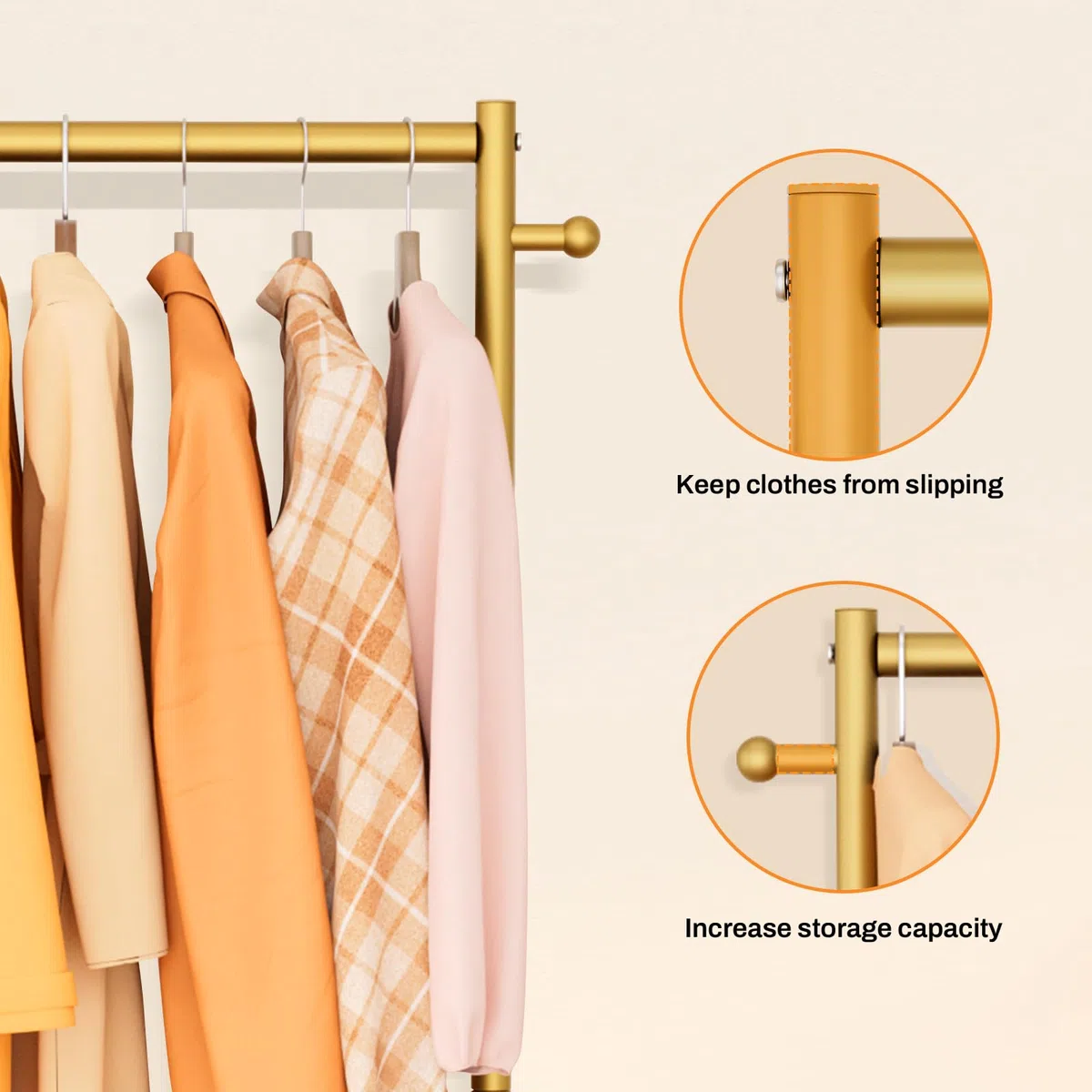 MISSLO Kleine Kleiderständer zum Aufhängen von Kleidung, Kleiderständer mit Rollen, 152,4 cm, Kleiderständer mit Regalen, tragbarer Rollgarderobenständer für kleinen Raum (Gold)