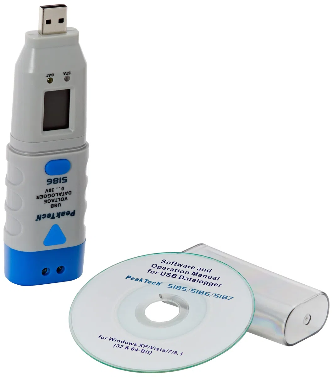 PeakTech P 5186 – USB Dattenlogger für Spannung 0-30V / DC – Datenlogger mit 32.000 Messwerten für elektronische Messung – Datenaufzeichner mit LCD-Display – Mit PC Software und externem Sensor