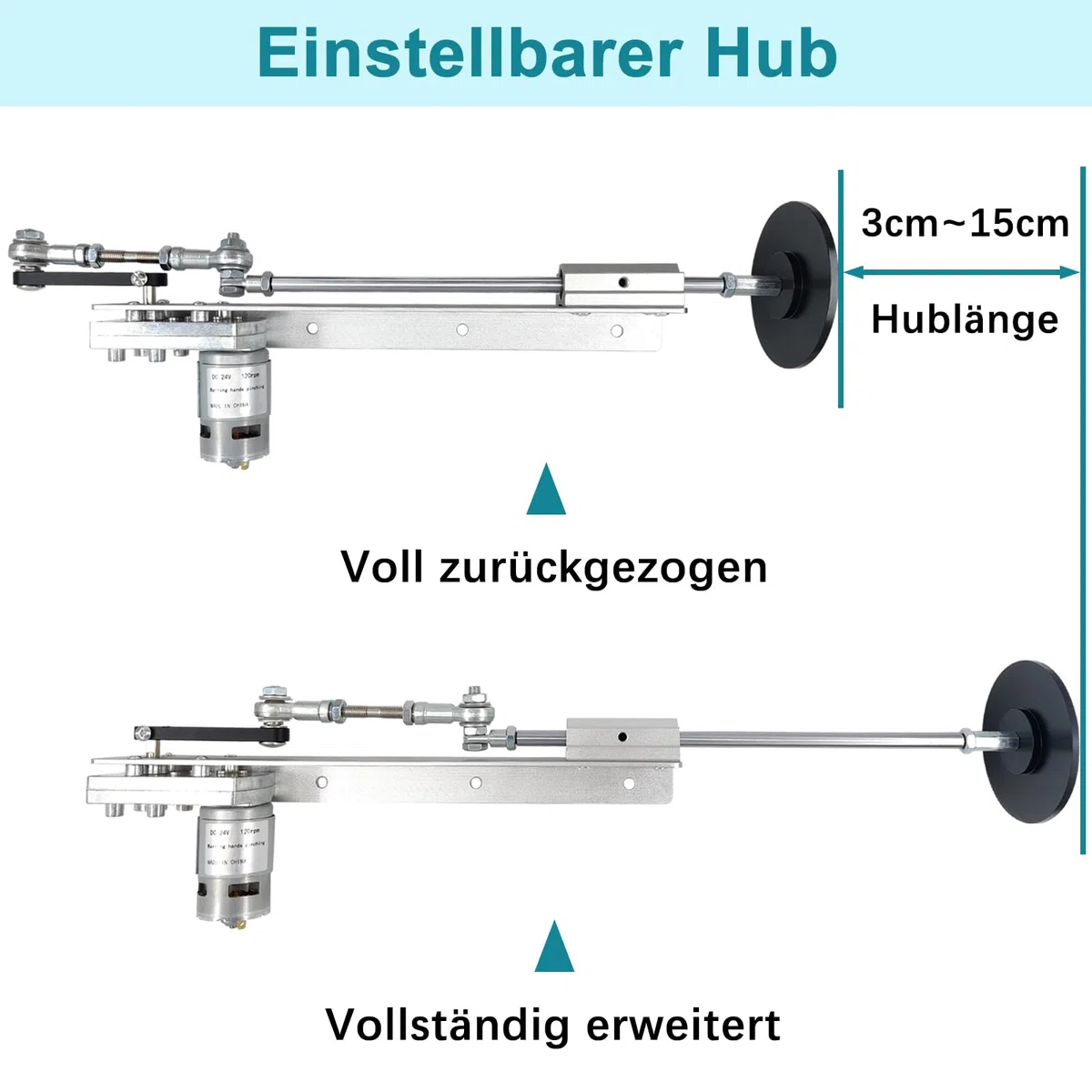 Hubkolbenmotor Linearaktuator DC 24V DIY Linearmotor 120rpm Hub 3cm-15cm mit Drehzahlregler und Saugnapf