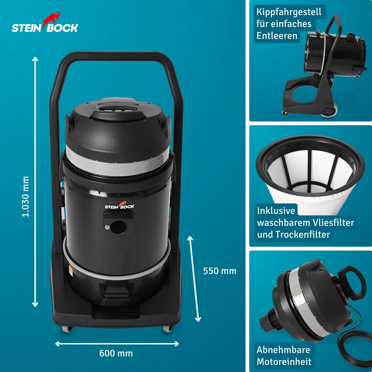 Steinbock Industriesauger nass & trocken| 3.300 Watt | 72 l Fassungsvermögen | mit 3 leistungsstarken Motoren | Für Flüssigkeiten, Feinstaub und groben Schmutz |Kippfahrgestell | Kunststofftank