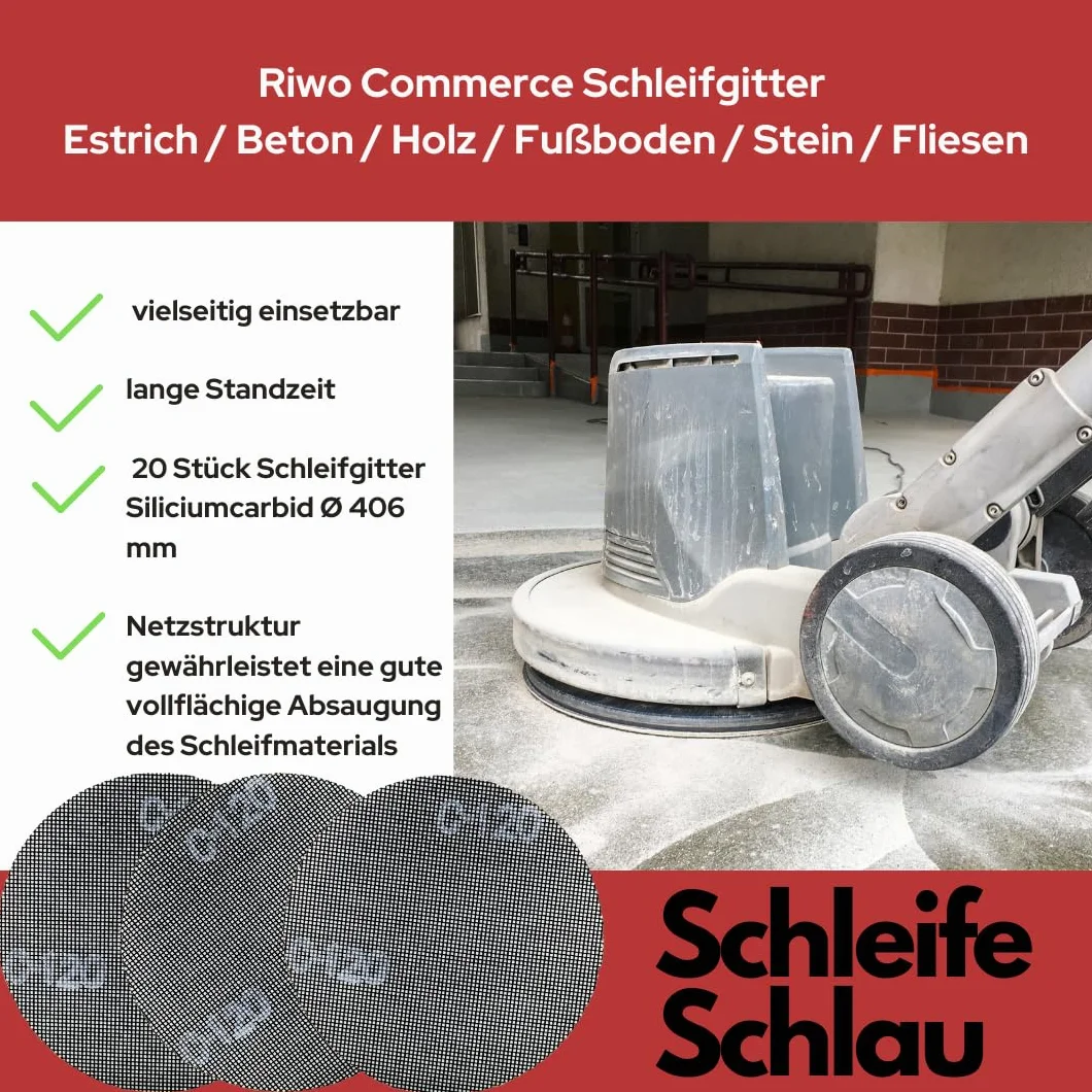 20 Stk. Gitterschleifscheiben für Einscheibenschleifmaschine mit Ø 406 mm Treibteller. Doppelseitig verwendbare Schleifgitter Siliziumkarbid, ideal für Holz, Stein, Beton und Estrich. Körnung 40