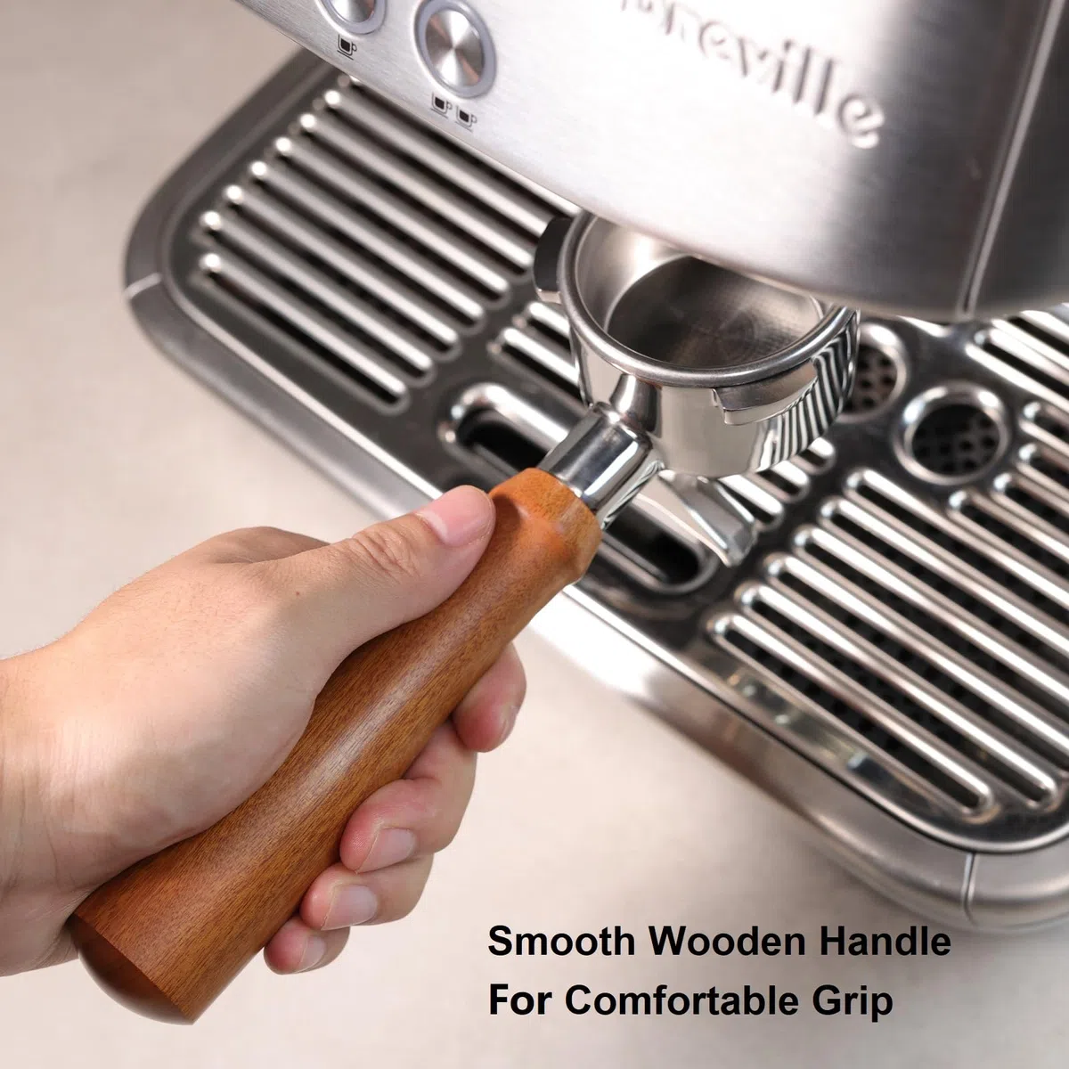 CAPFEI Siebträger 54mm Doppel Auslauf für Sage/Breville Barista BES 870/878/880 Filterkorb mit Walnuss Holz und Edelstahl-Siebträger-Filterhalter