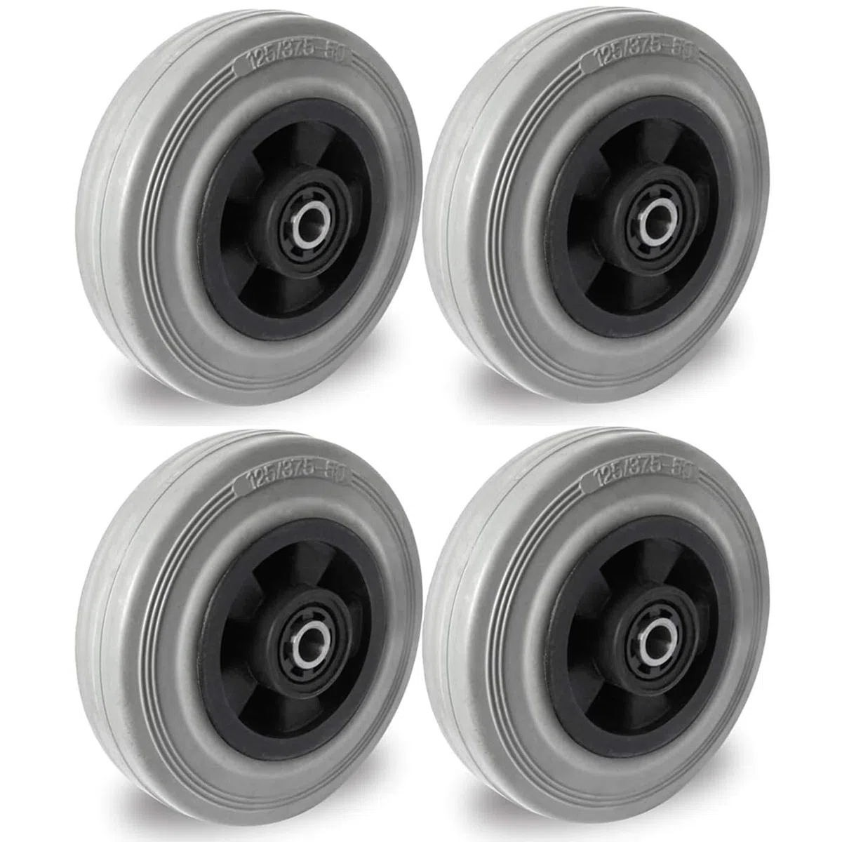4er Set Rad 125 mm Gummi grau spurlos – Ersatzrad mit Rollenlager & Achszubehör M10 – 100 kg Traglast pro Rad – Bodenschonende Transportrollen für Rollwagen & Möbel