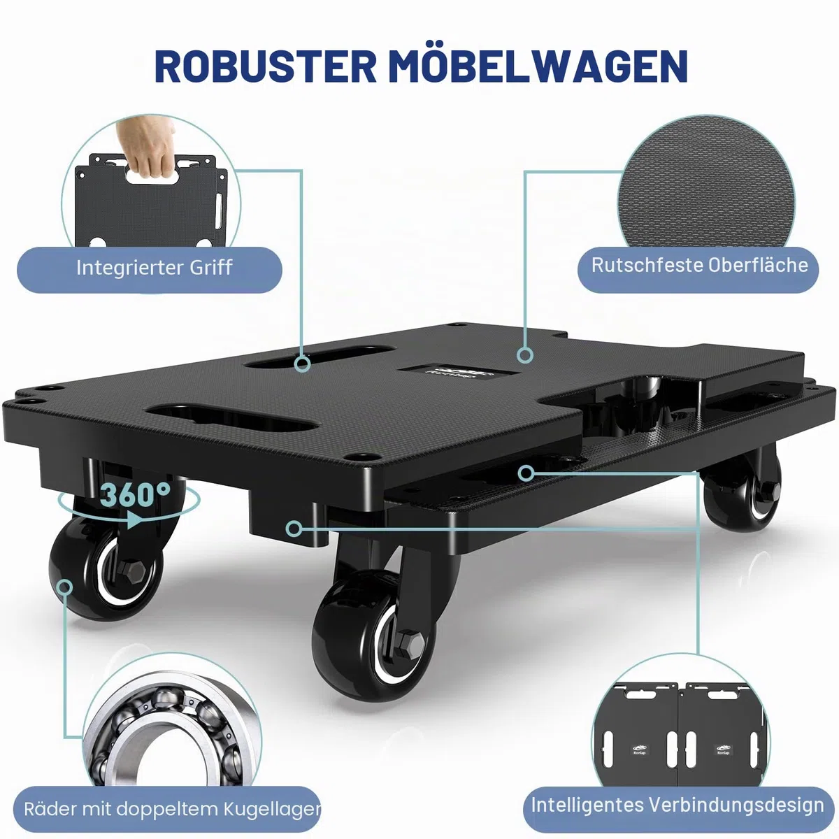 Ronlap 2er Transportroller Möbelroller Tragkraft bis 400 kg Rollbrett Umzugshelfer Erweiterbar, mit 4 elastischen Seilen, Schwarz