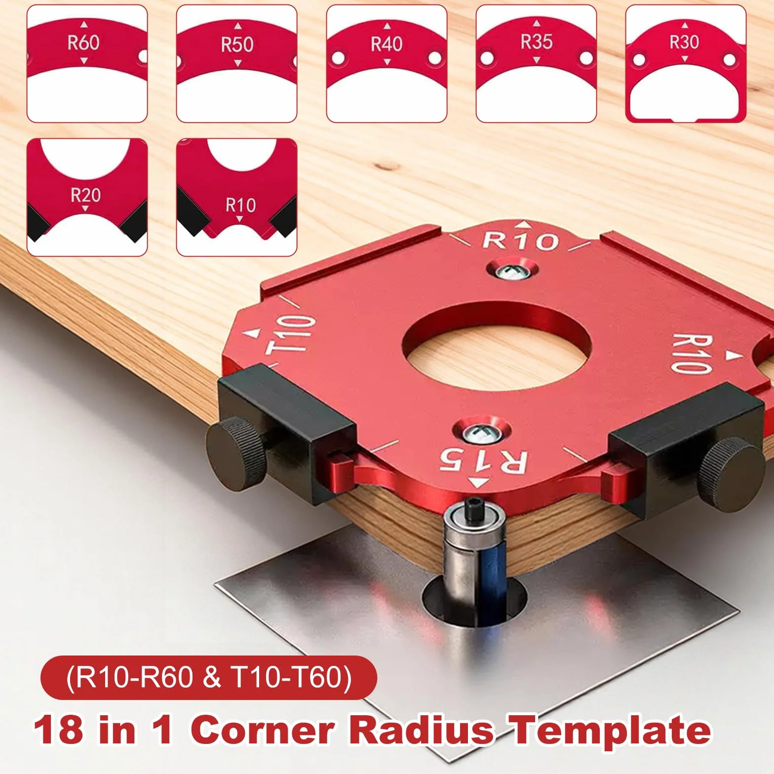 Radius Schablone Set, 7 Stück Eckradius-Frässchablone aus Aluminium,18 fach Radiuslehre für perfekte Innen, Außenrundungen & Fasen (R10-R60, T10-T60) mit Doppel-Anschlägen für Oberfräsen