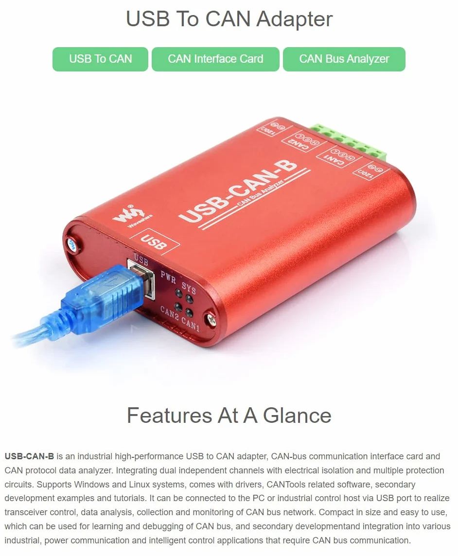 Waveshare USB to CAN Adapter Dual-Channel CAN Analyzer Industrial Isolation Support Windows XP/7/8/10/11/Linux Systems