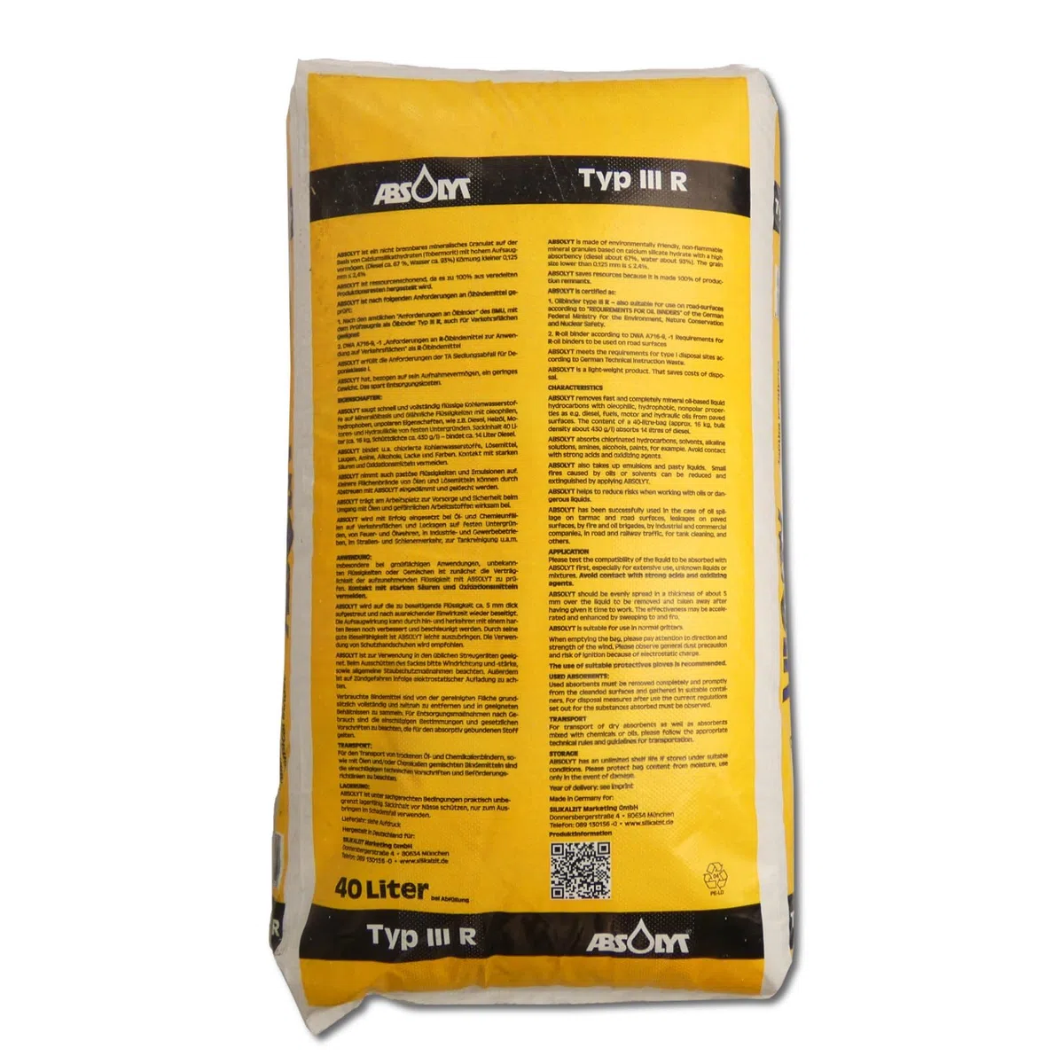 ABSOLYT 40 Liter pflanzenverträglicher Ölbinder Typ III R - Chemikalienbinder - Ölbindemittel mit sehr hohem Aufsaugvermögen | Mineralisches Ölbindemittel für Verkehrsflächen, Werkstatt, Industrie, Feuerwehr und Leckagen auf festen Untergründen