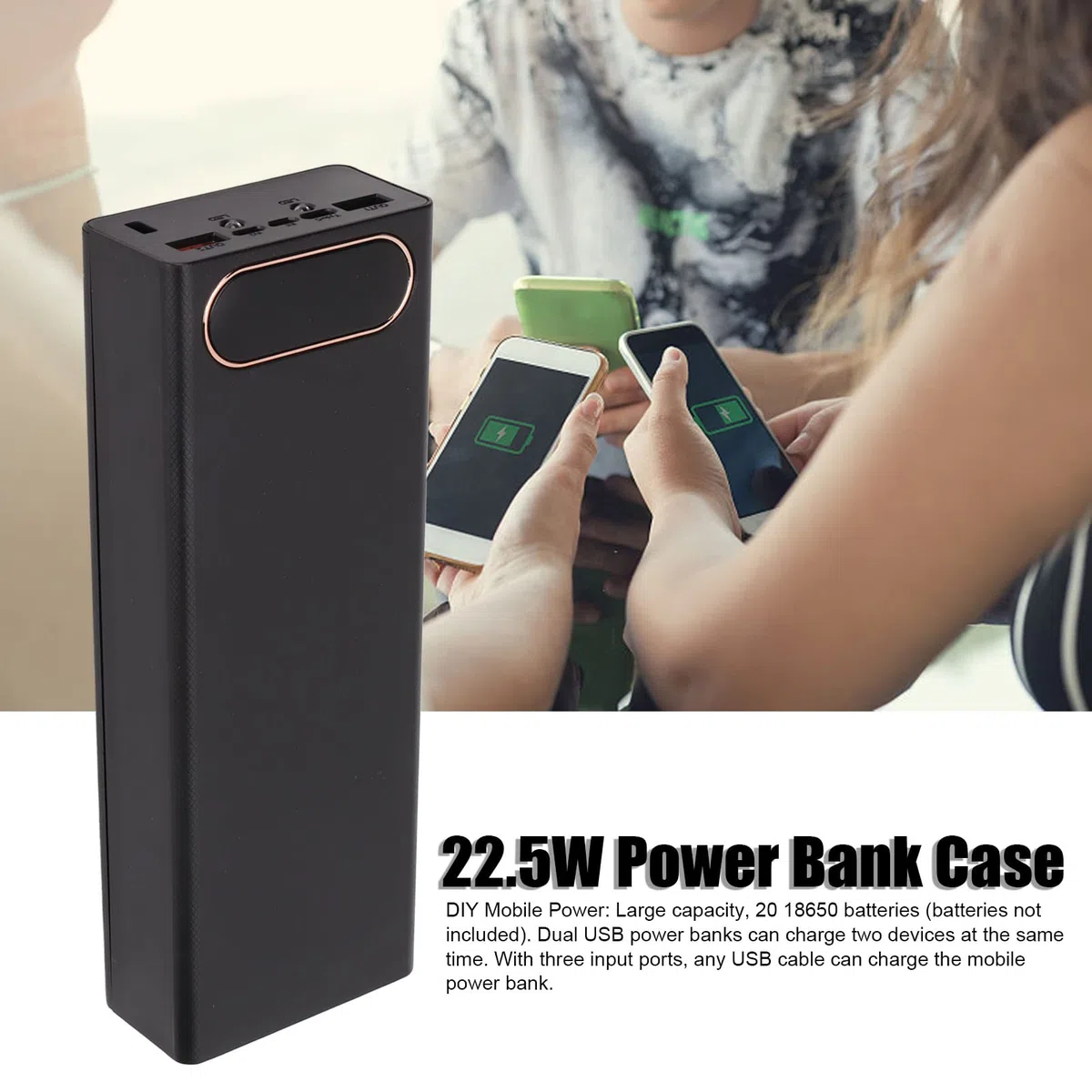 22,5 W Powerbank Gehäuse, Dual USB Schnellladung DIY Batteriegehäuse mit DREI Eingangsanschlüssen, Abnehmbares LCD 20x Batteriegehäuse(Schwarz)