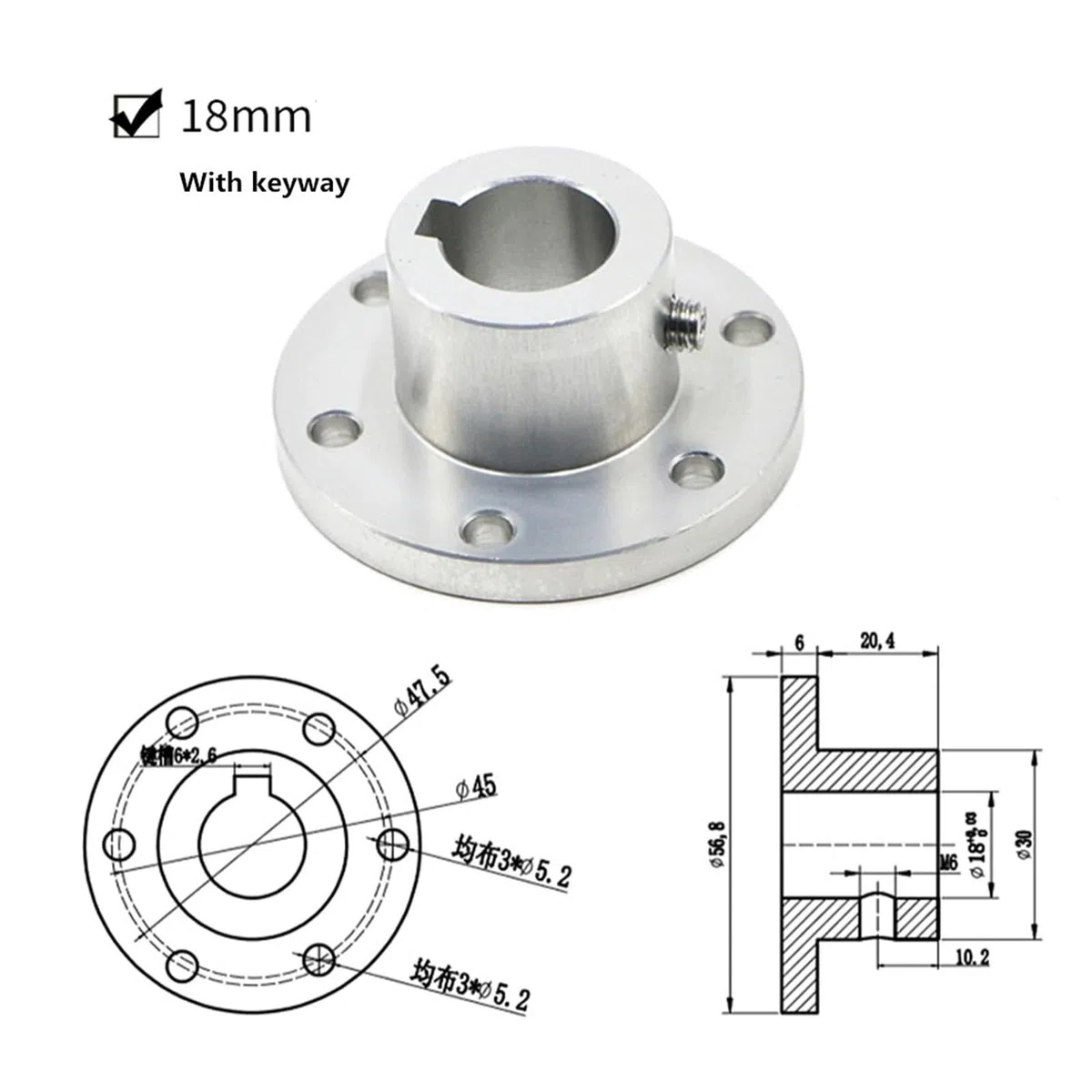 1PCS Flanschkupplung Aluminiumlegierung Durchmesser 5 6 8 10mm 12 14 15 16 18 mm Keilnutkupplung (Color : 15mm keyway, Size : A)
