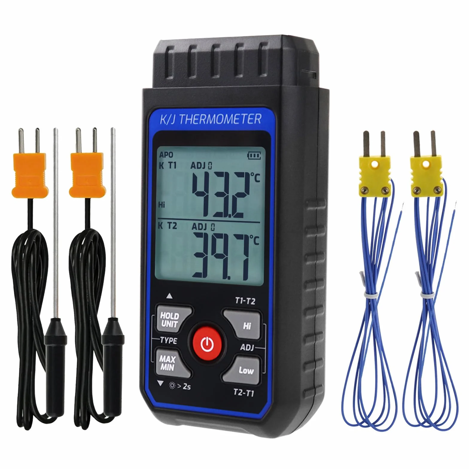 Thermoelement-Thermometer Digitales Zweikanal-Thermometer vom Typ K/J mit 4 Thermoelementen vom Typ K, -328~2501℉ Messbereich Temperaturmessgerät HVAC-Thermometer mit Alarm und ADJ-Kompensation