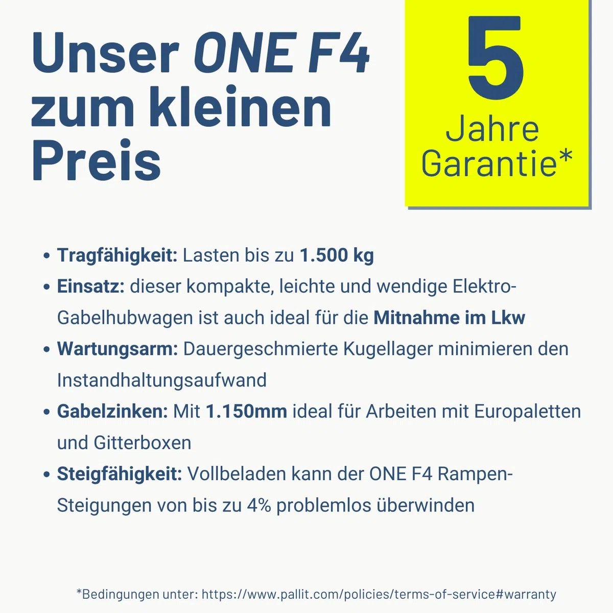 Pallit ONE-F4 Hubwagen Elektrisch Elektro Hubwagen 1500 kg Tragkraft 20 Ah Lithium-Ionen Wechsel Batterie für 3,5h Laufzeit Elektrischer Gabelhubwagen für den täglichen Einsatz