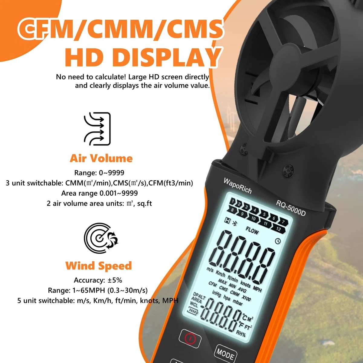 Windmesser CFM Messgerät, WapoRich Anemometer Handheld Wind Speed Meter Digital Windmessgerät Wiederaufladbares Misst Luftvolumen/Windgeschwindigkeit/Temp mit MAX/MIN für HVAC Drohne RQ-5000D
