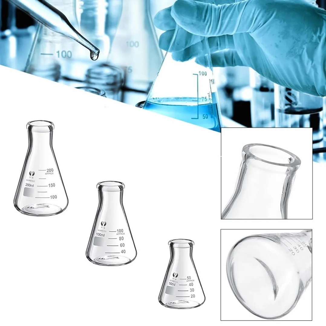 Bechergläser Erlenmeyerkolben Messzylinder Set, ZEEROQOLAB 4 Graduierten Becherglas, 3 Glasmesszylinder mit 3 Konisch Fläschchen, mit 3 Glas Pipetten, 2 Glas Rührstab und 2 Waschbürste