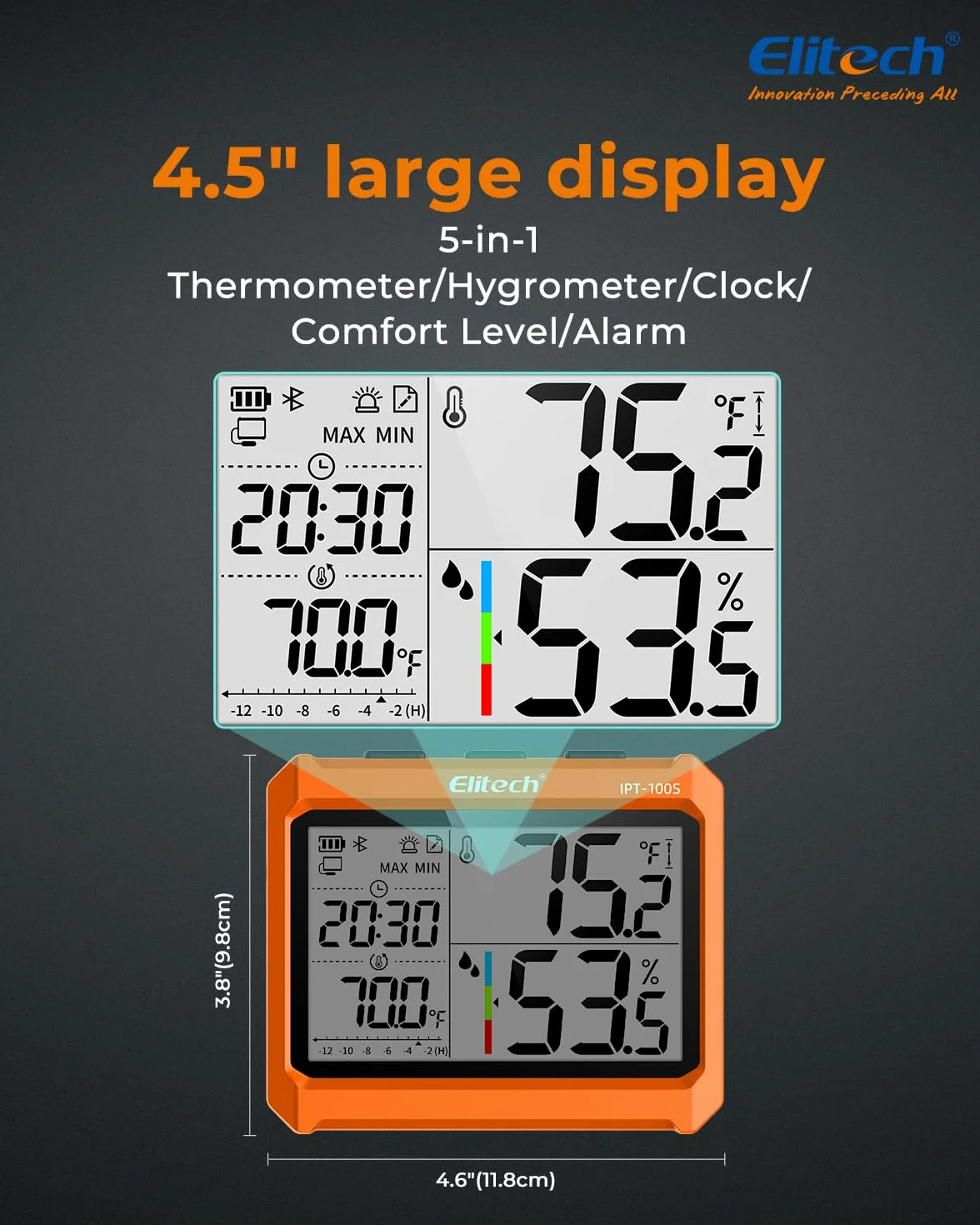 Elitech Digitales Bluetooth Hygrometer Thermometer mit App, 4,5" Display, Echtzeit-Überwachung von Temperatur & Luftfeuchtigkeit, PDF/CSV-Export, externe Sonde, IPT-100S