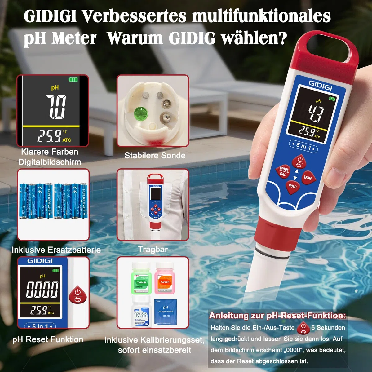 Digitales Schwimmbad-Salzgehaltsmessgerät, 5-in-1 pH- und TDS-Messgerät, geeignet für Meerwasser-Schwimmbäder, ausgestattet mit Kalibrierkit, Salzgehaltsmessgerät für Meerwasseraquarien