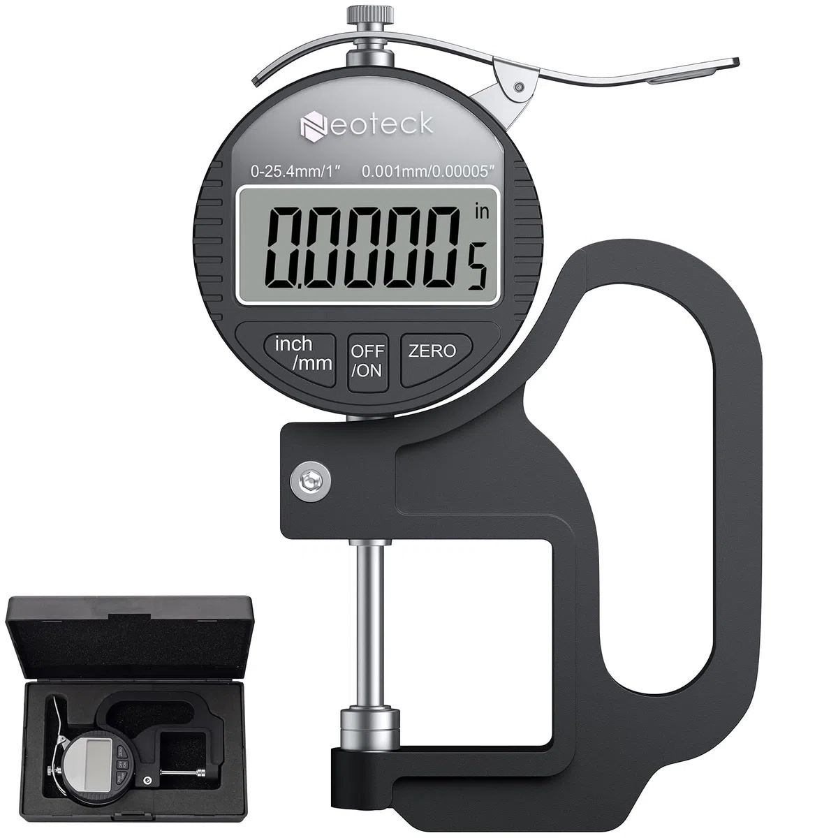 Neoteck Tragbares Digitales Dickenmessgerät 0-25,4 mm Messbereich 0,001/0,00005 '' elektronischer Mikrometer Zoll/metrisch elektronischer Prozent-Dickenmessgerät mit LCD-Anzeige - Schwarz