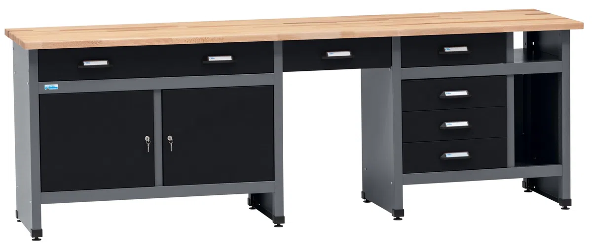 Küpper Werkstatt Werkbank 12289, 6 Schubladen, 2 Türen, 300 kg Traglast, 30 mm Massive Buchenarbeitsplatte (Schwarz, 240x84x60 cm)