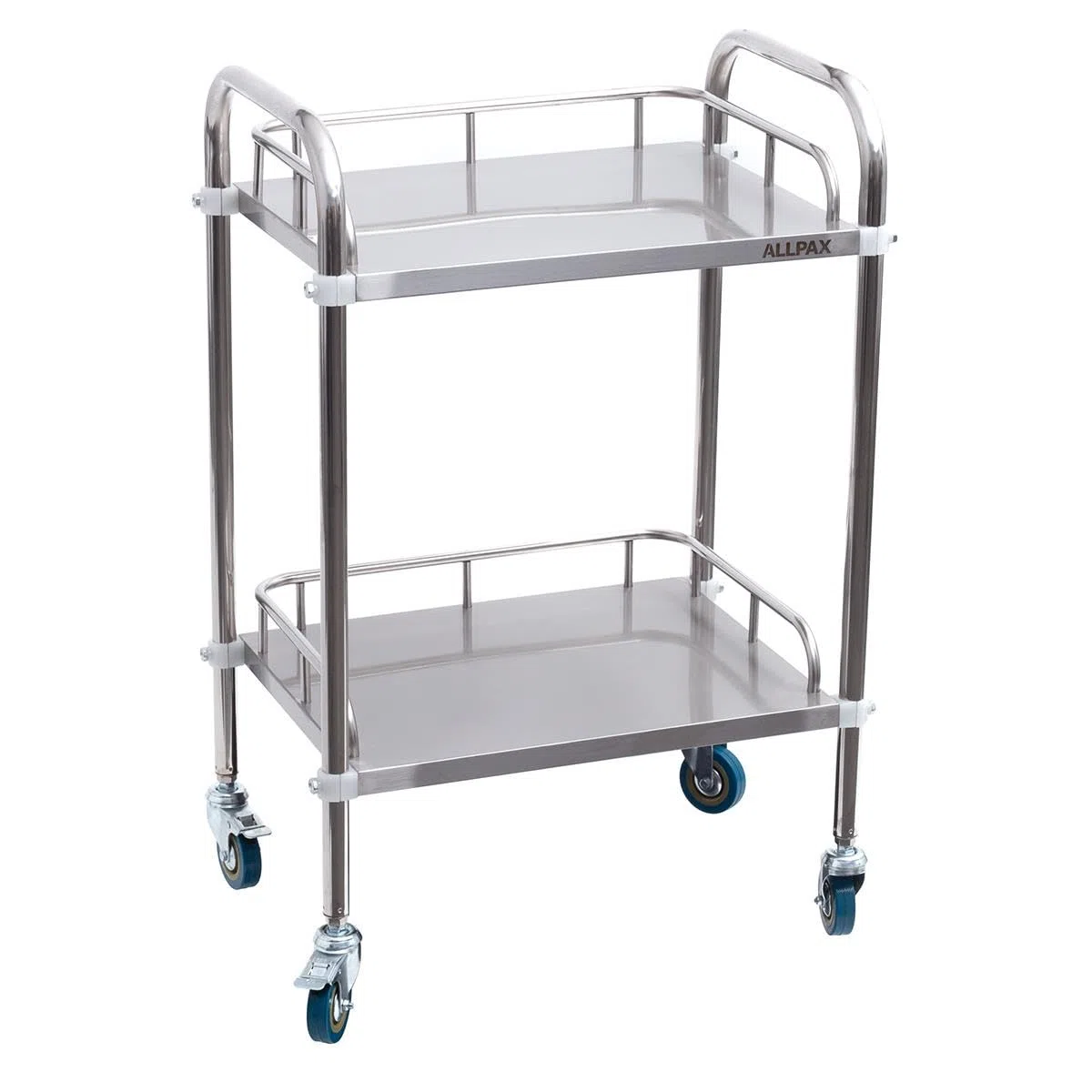 Allpax Labor-Rollwagen aus Edelstahl mit 2 Ablagen und Lenkrollen, 500 x 400 x 860 mm, 100 kg Tragfähigkeit - Abräumwagen, Servierwagen, Transportwagen, Küchenwagen