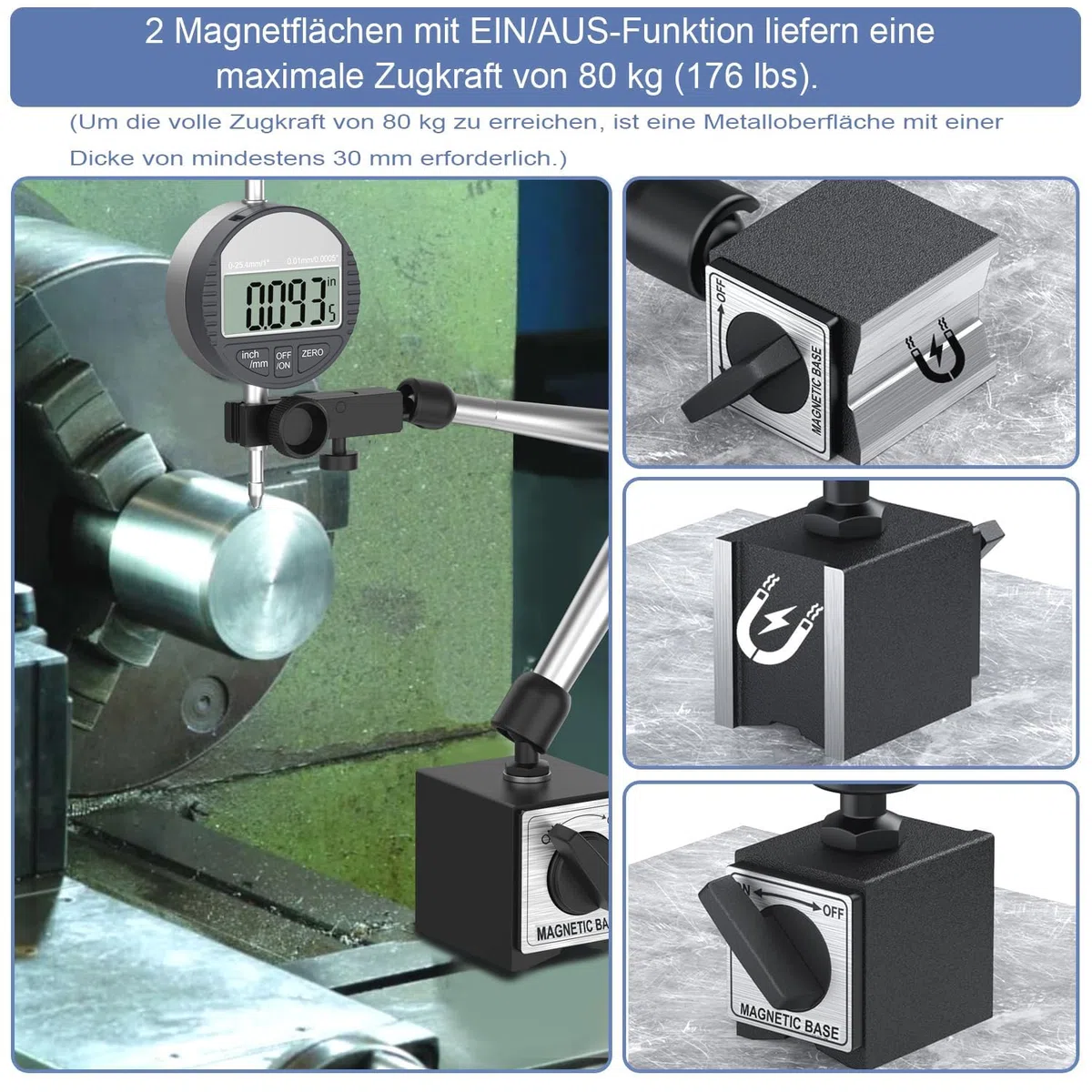 Digital Messuhr 0-25,4mm und Magnetfuß mit Zentralklemmung, 80kg Maximale Zugkraft,Zoll/Metrische Umrechnung, Ideal für Automobilgebrauch, 3D Drucker und Kalibrieren Werkstattmaschinen