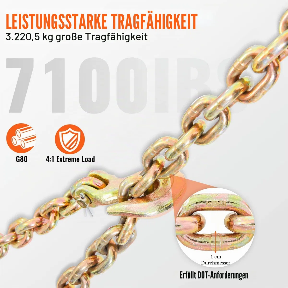 VEVOR Abschleppkette 9,53 mm x 6 m Rückekette 3220 kg Tragfähigkeit G80 Transport Binderkette Stahl Forstkette Stahlkette robuste Kette zum Heben, Laden, Abschleppen und Festbinden usw.