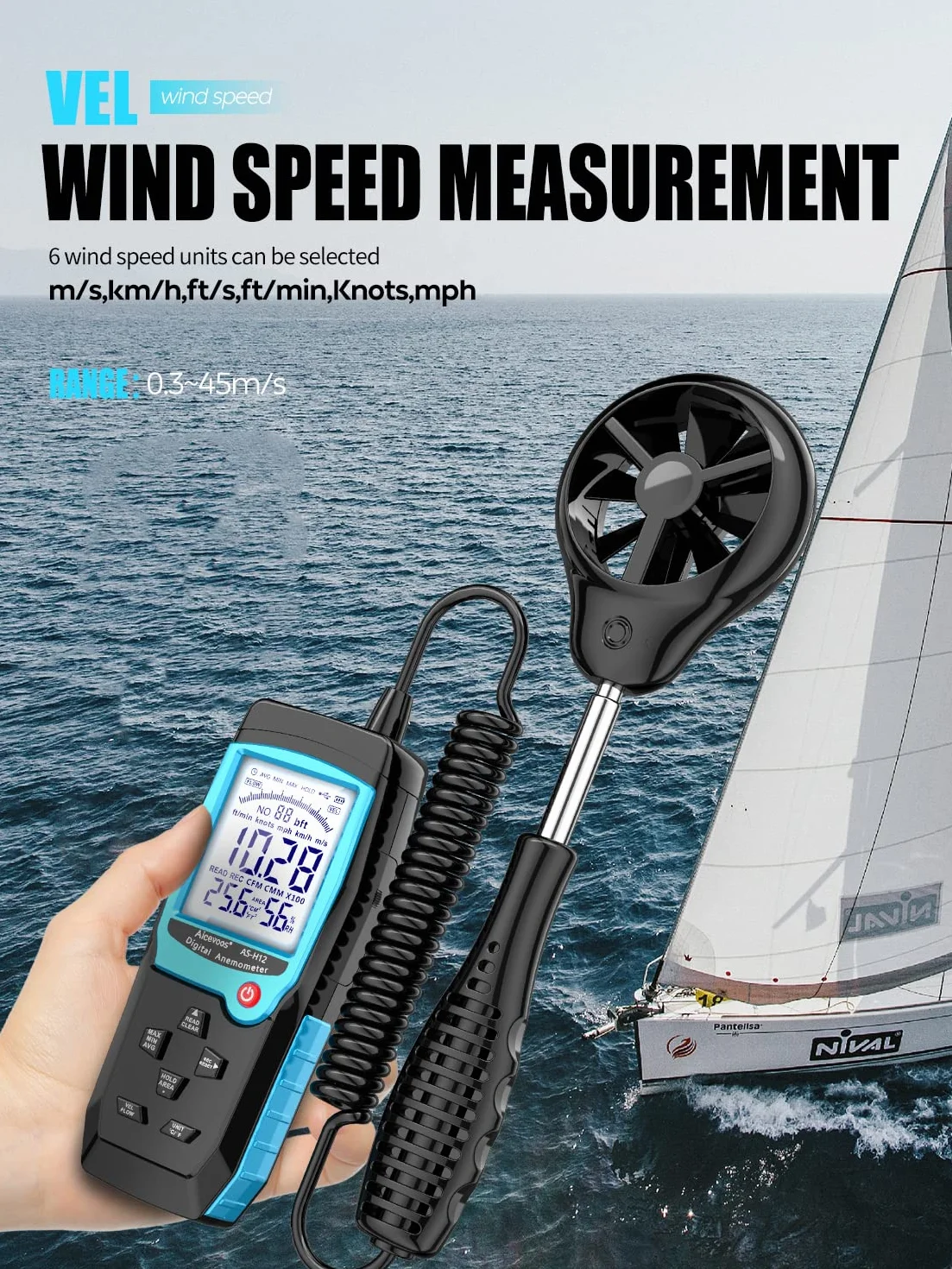 H12 Digitales Anemometer Handmessgerät, Windmesser Windmessgerät mit Erweitertem Windsensor, misst Windgeschwindigkeit (MAX/MIN/AVG) Windfluss (CFM)