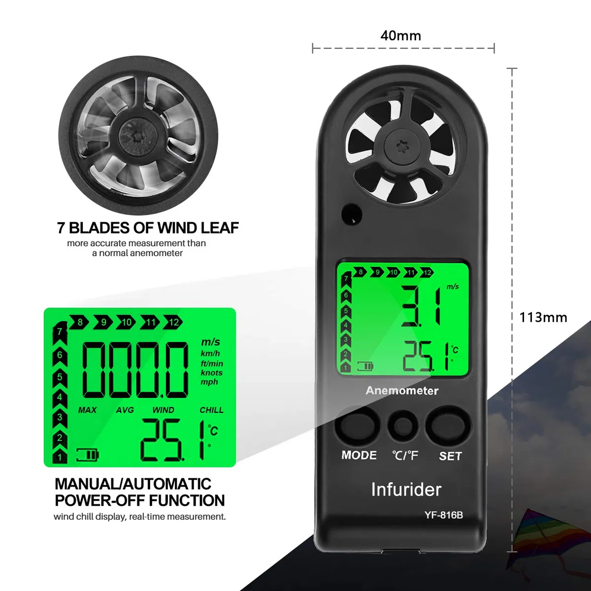 Windmesser,Digital Anemometer Handheld Windmessgerät Wind Speed Meter Gauge Air Flow Geschwindigkeit für Windgeschwindigkeitsmesser Lufttemperatur mit Hintergrundbeleuchtung Chill MAX AVG