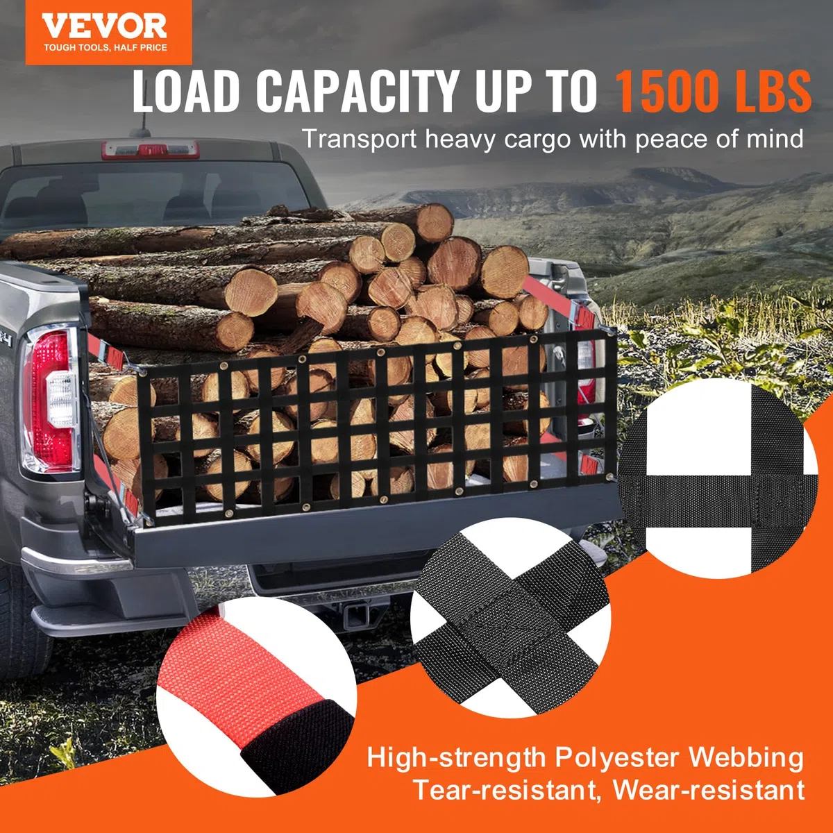 VEVOR Heckklappennetz, 1370 x 460 mm, LKW-Ladeflächennetz bis zu 680 kg, mit 4 verstellbaren Teleskopgurten, ausziehbar & langlebig, Gepäcknetz geeignet für Pickup, Anhänger, LKW, Jeep, SUV