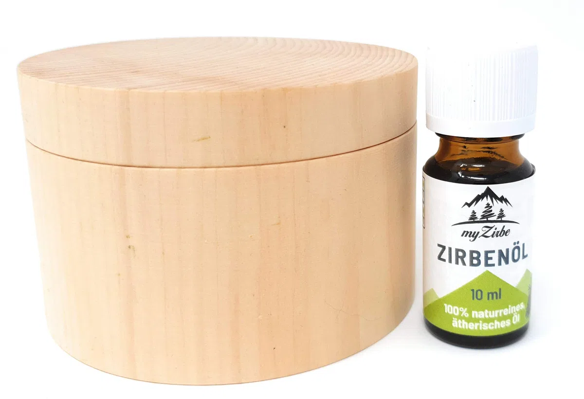 Zirben Duftset mit Zirbeholz Schale verschließbar, Zirbenspänen aus Zirbenholz und 10ml Zirbenöl
