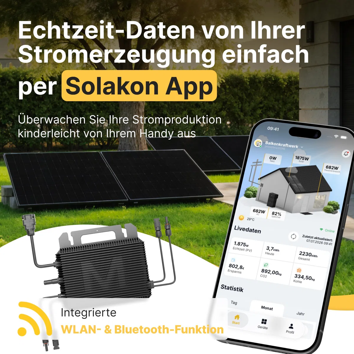 Solakon 900W Balkonkraftwerk - Balkonkraftwerk 800W komplett Steckdose - neuester 800 Watt Wechselrichter - Solaranlage Komplettset - 450W bifaziale Solarmodule inkl Zubehör - 5m Kabel, Ohne Halterung