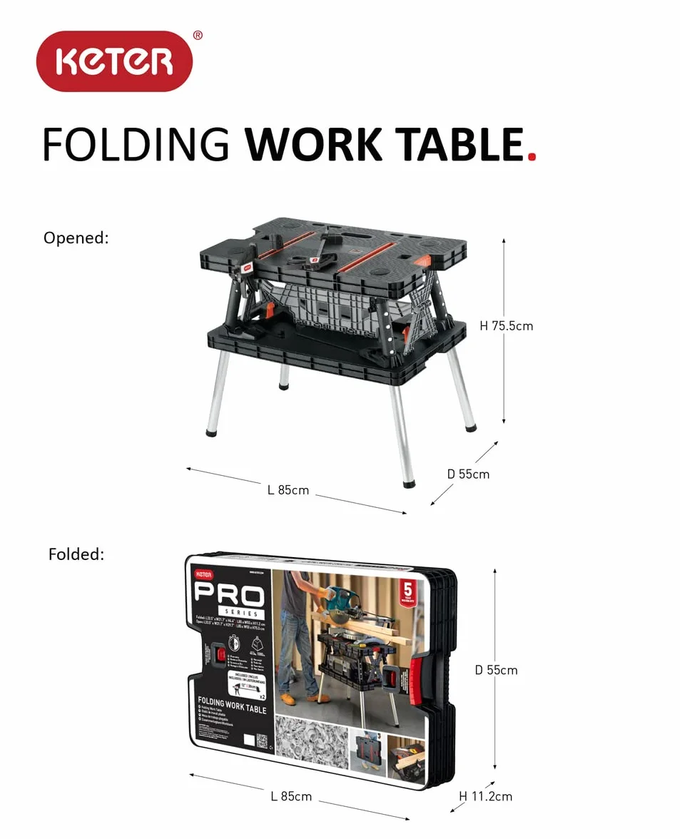 Keter Werkzeugbank faltbar Master Pro Serie Folding Work Table, Kunststoff, bis 450kg belastbar, inklusive Zwei 30cm Klemmen, wetterfest, Maße: 91x55,5x75,5cm