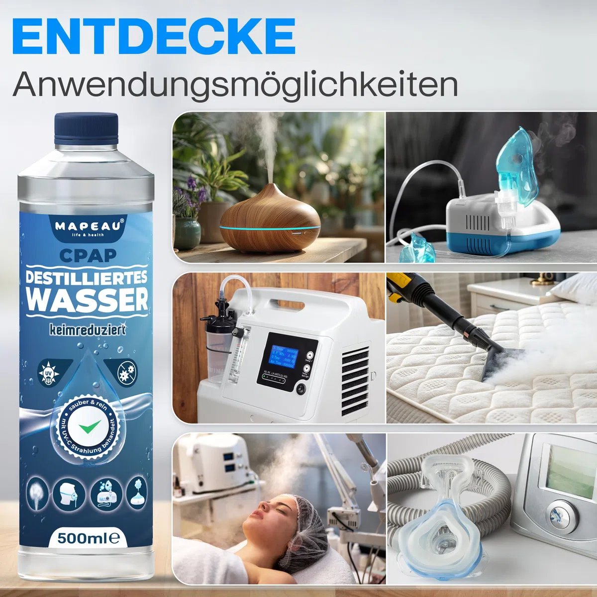 Mapeau CPAP Wasser 6 L für Sauerstoff-Geräte, CPAP Befeuchter Geräte, Inhalationsgerät, destilliertes Wasser keimreduziert für Luftbefeuchter (6x 1 Liter)