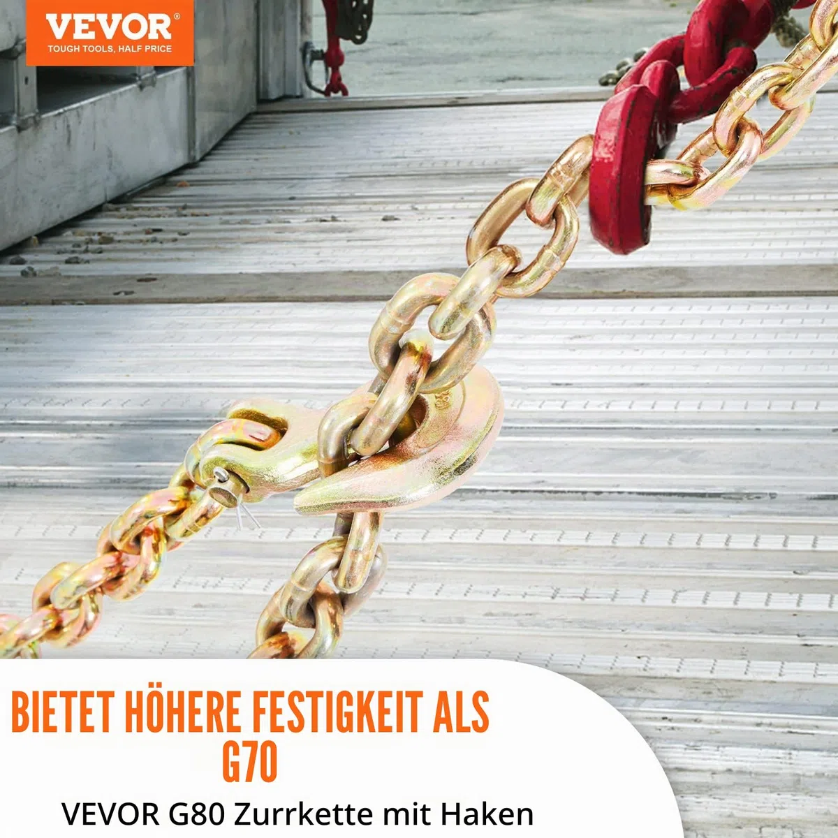 VEVOR Abschleppkette 9,53 mm x 6 m Rückekette 3220 kg Tragfähigkeit G80 Transport Binderkette Stahl Forstkette Stahlkette robuste Kette zum Heben, Laden, Abschleppen und Festbinden usw.