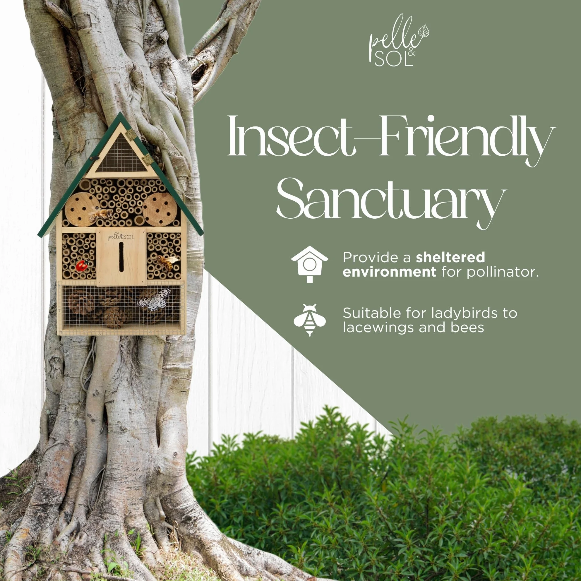 Pelle & Sol Umweltfreundliches Bienenhaus, Insektenhotel für Bienen, Schmetterling, Insekten, kinderfreundlich, wetterbeständig, hängendes Bienenhotel, Bambus-Nisthaus, Gartendekoration und