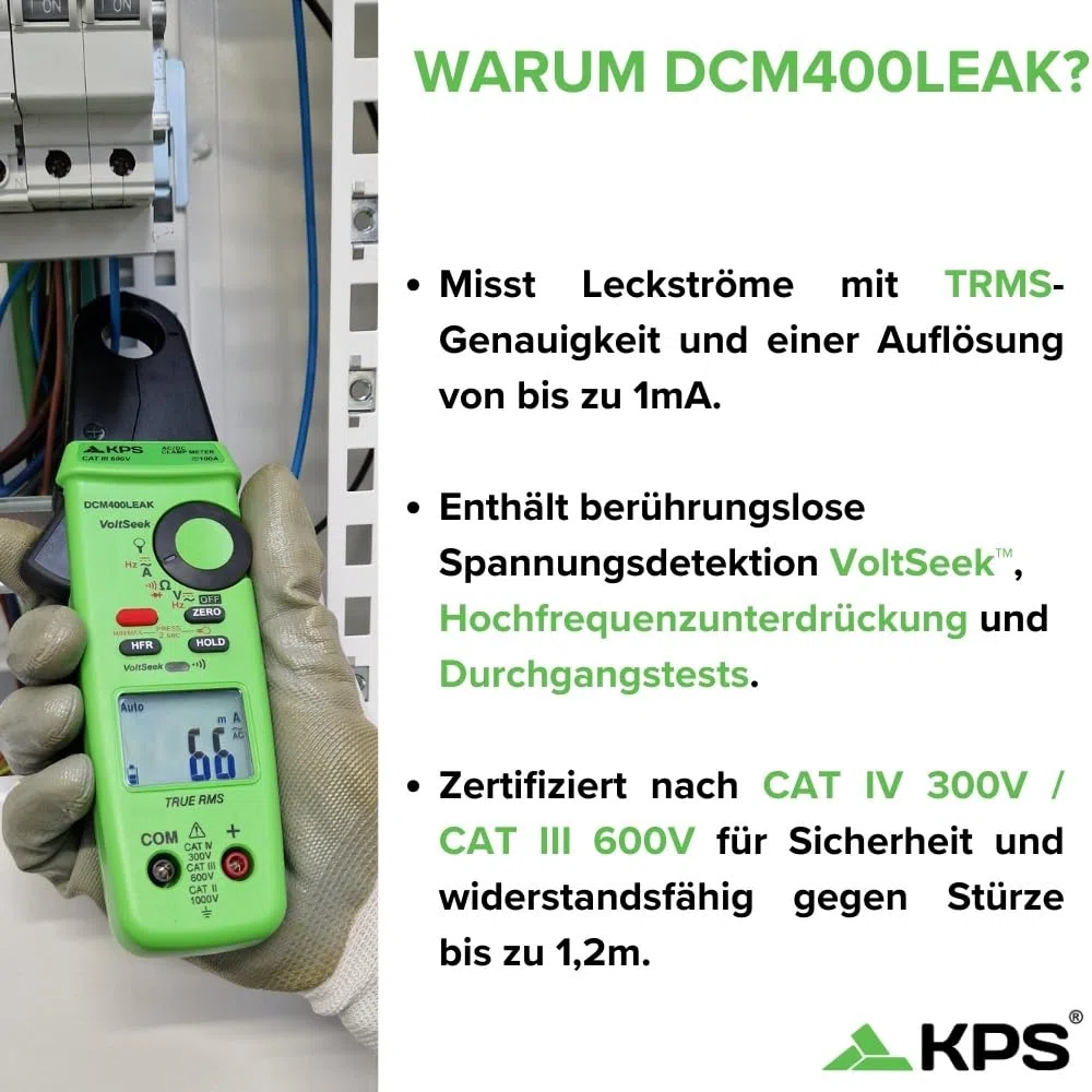 KPS-DCM400LEAK Leckstromzange TRMS 20mA bis 100A AC/DC - Spannung 1000V AC/DC - Tiefpassfilter (50Hz - 800Hz) & NCV