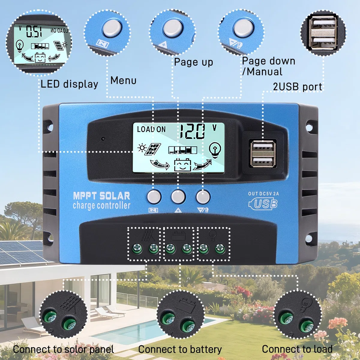 Yoving 100A MPPT Laderegler Solar Wasserdichter Solarladeregler für 12V/24V Solaranlagen - LCD Display (Solarpanel, Batterie, Wohnmobil)