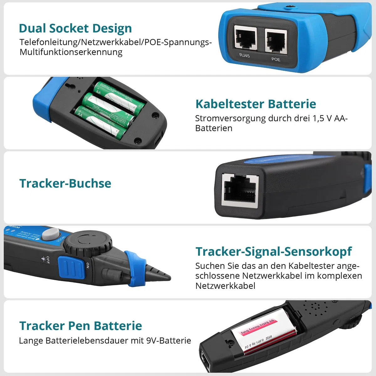 Netzwerk Kabeltester POE/RJ45 Tester, Multifunktions Netzwerktester mit LCD Display, Kabel CAT5/CAT5e/CAT6/Cat7/Cat8 Tracker, Leitungsfinder für Kurzschluss, Quer- & Unterbrechungsprüfung