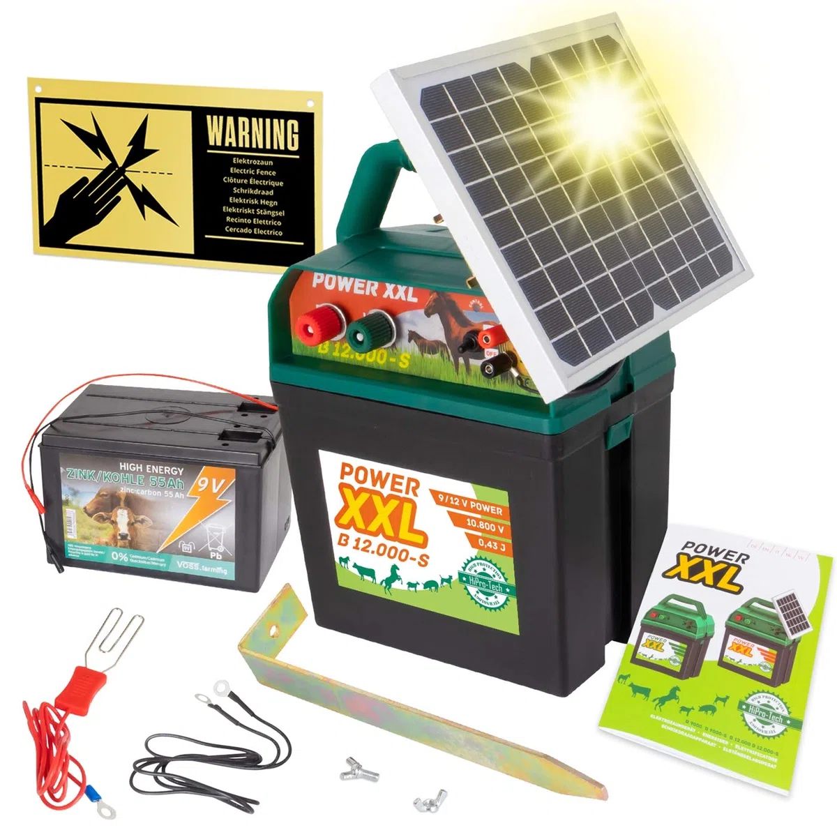 VOSS Power XXL B 12.000-S, 10.800V Starkes Solar-Weidezaungerät 9V 12V, inkl. 55Ah Batterie und Warnschild, Hocheffektives Solarmodul, Für Pferde, Ponys, Hund, Katze, Reiher, Rind, Schwein