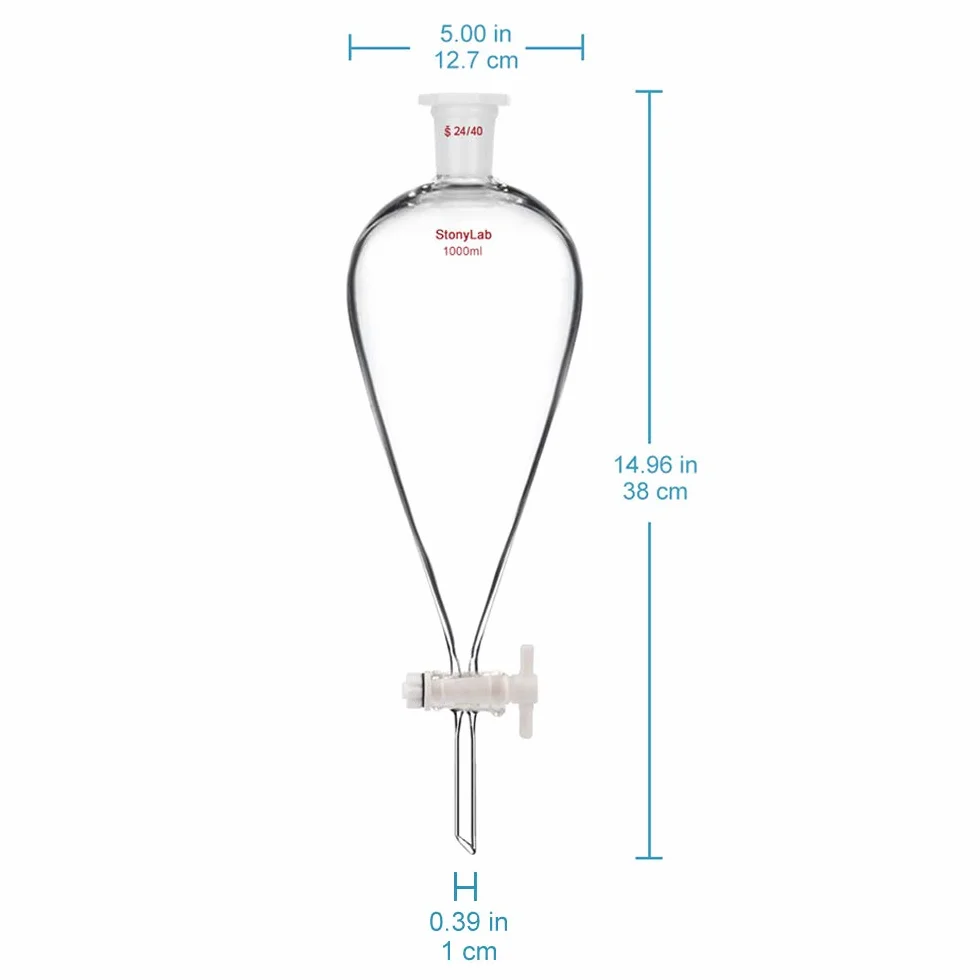 StonyLab 1000 ml Trichter aus Borosilikatglas, Separatory Funnel, Schwerwandig Konisch mit 24/40 Gelenken und PTFE-Absperrhahn - 1L (1 Liter)
