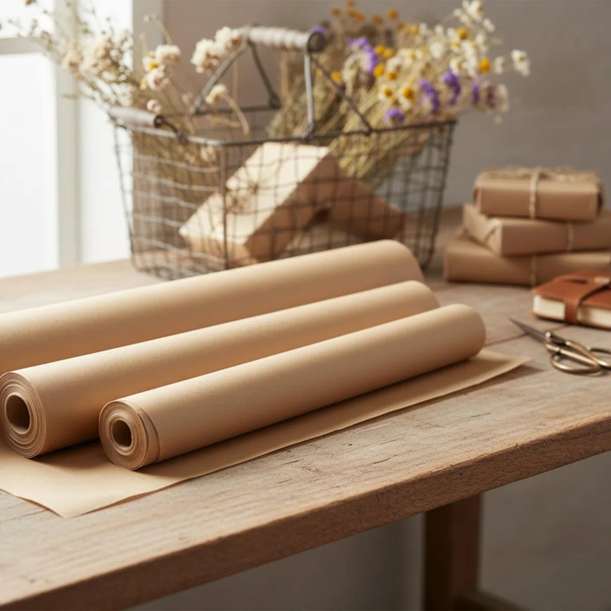Rolle aus naturbraunem Kraftpapier. Erhältlich in Längen von 100 bis 300 Metern und Breiten von 30, 60, 90 oder 105 cm. (30 cm x 300 m - 45g/m2)